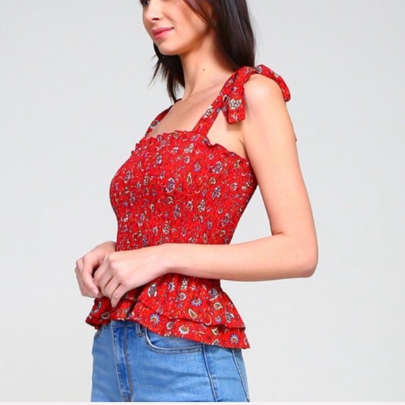 Tops - ALICE red floral smocked top tie shoulders